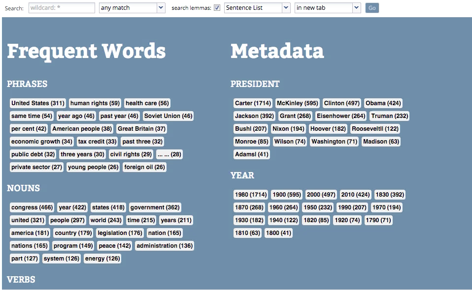 Starting page for the WordSeer interface, on State of the Union documents.